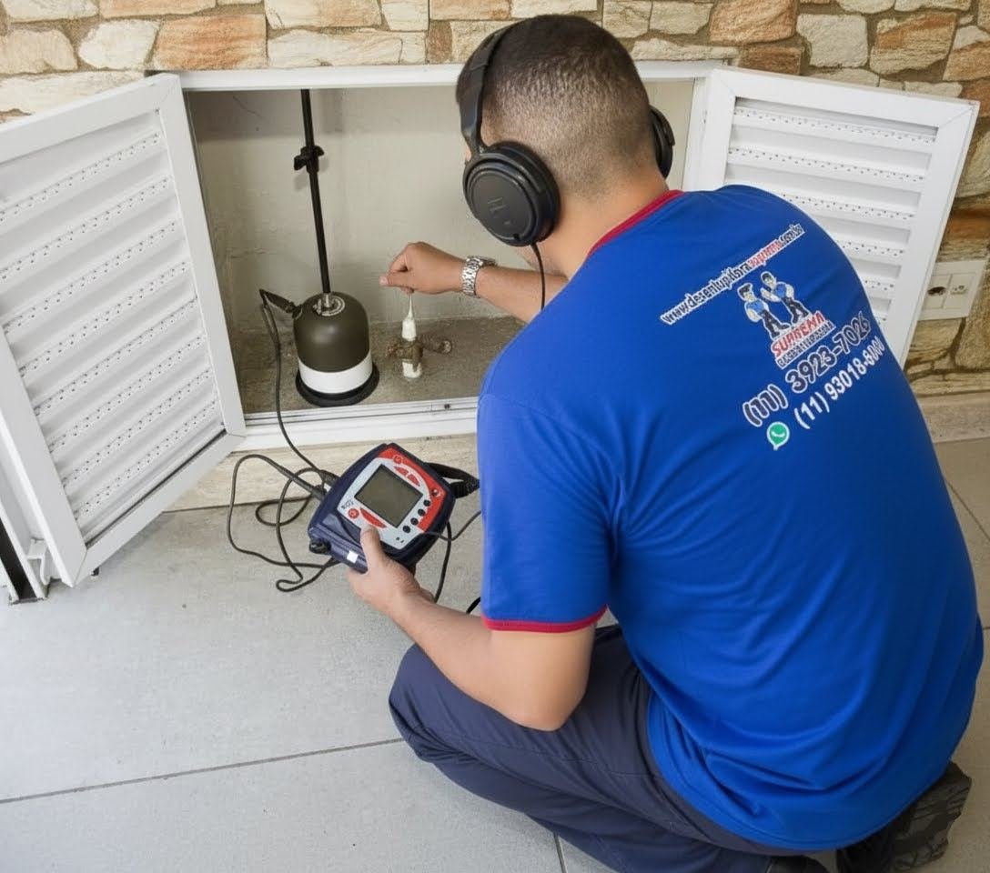 Técnico da Suprema Desentupidora usando geofone eletrônico em caça vazamento